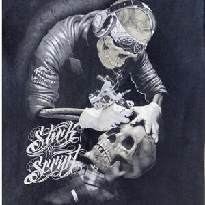 Dyse One Stick to the Script Skeleton Tattoo Artist Graphic Tee Mens Large Black